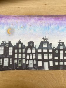 Sinterklaas tekening over de Amsterdamse daken