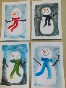 Winters schilderij van sneeuwpoppen